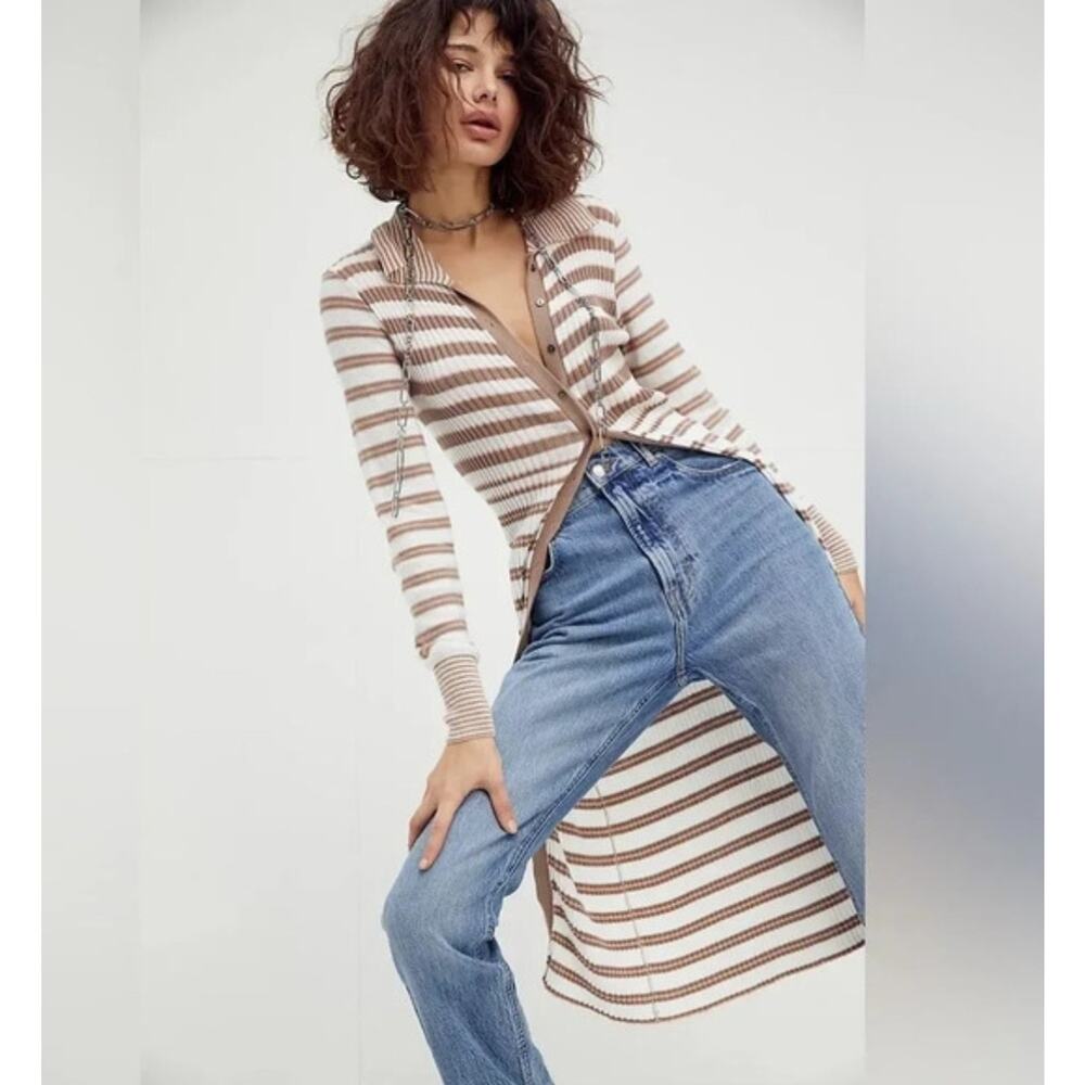 Free People Vista Cardi Striped Ribbed Knit Midi Dress Collared Button Front XL